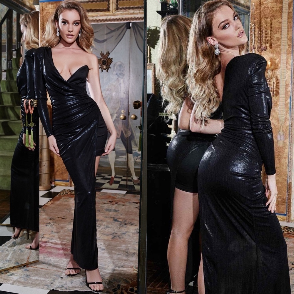 HOUSE OF CB VONA BLACK METALLIC ASYMMETRICAL ONE SHOULDER GOWN